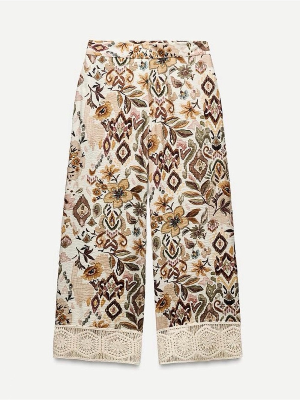 Zara Cream Floral Wide-Leg Cropped Pants with Lace Hem
